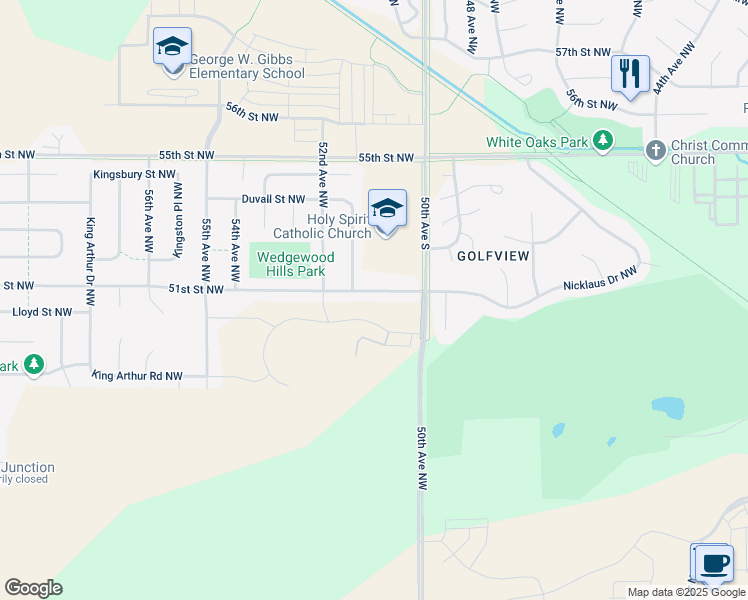 map of restaurants, bars, coffee shops, grocery stores, and more near 5102 51st Street Northwest in Rochester