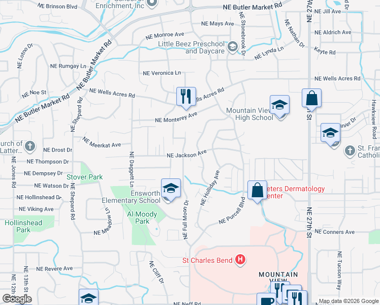 map of restaurants, bars, coffee shops, grocery stores, and more near 2026 Northeast Jackson Avenue in Bend
