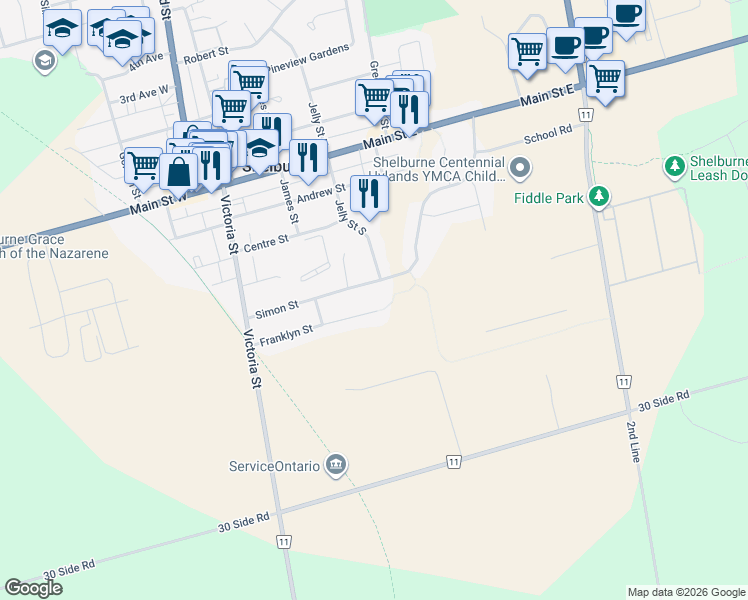 map of restaurants, bars, coffee shops, grocery stores, and more near 211 Franklyn Street in Shelburne