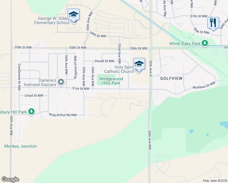 map of restaurants, bars, coffee shops, grocery stores, and more near 5246 51st St NW in Rochester