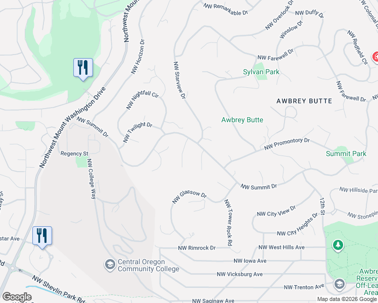 map of restaurants, bars, coffee shops, grocery stores, and more near 2565 Northwest Foley Court in Bend