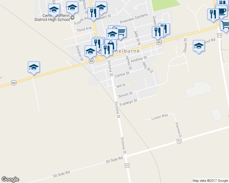 map of restaurants, bars, coffee shops, grocery stores, and more near 421 Victoria Street in Shelburne