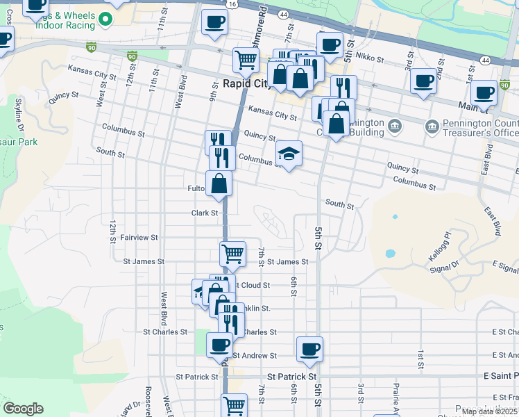 map of restaurants, bars, coffee shops, grocery stores, and more near 72 Hillcrest Dr in Rapid City