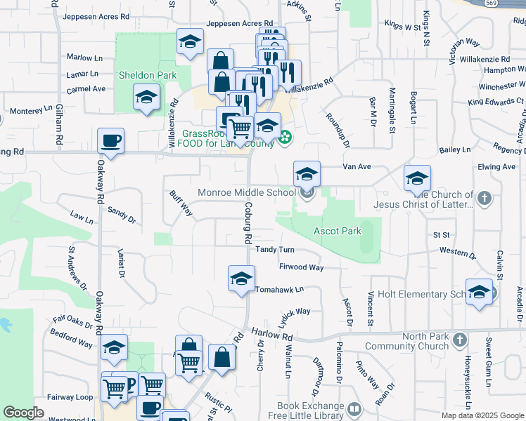 map of restaurants, bars, coffee shops, grocery stores, and more near 1073 Coburg Road in Eugene