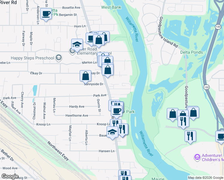 map of restaurants, bars, coffee shops, grocery stores, and more near 769 River Road in Eugene