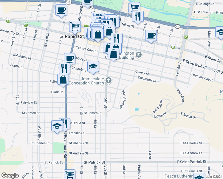 map of restaurants, bars, coffee shops, grocery stores, and more near 419 South Street in Rapid City