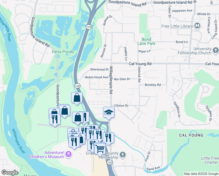 map of restaurants, bars, coffee shops, grocery stores, and more near 991 Lorella Avenue in Eugene