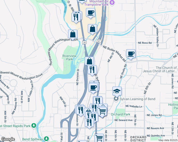 map of restaurants, bars, coffee shops, grocery stores, and more near 172-184 NE Yale Ave in Bend