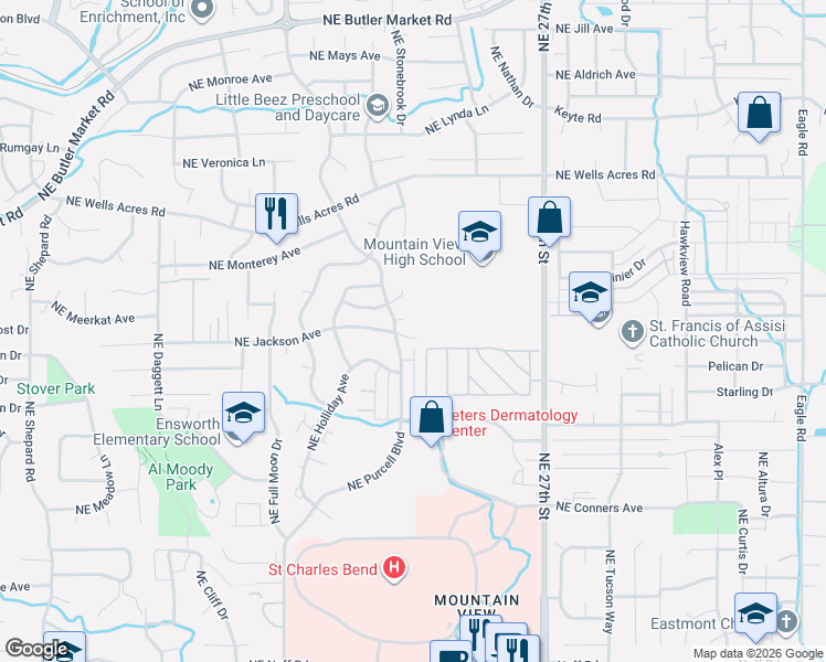 map of restaurants, bars, coffee shops, grocery stores, and more near 2588 Northeast Purcell Boulevard in Bend