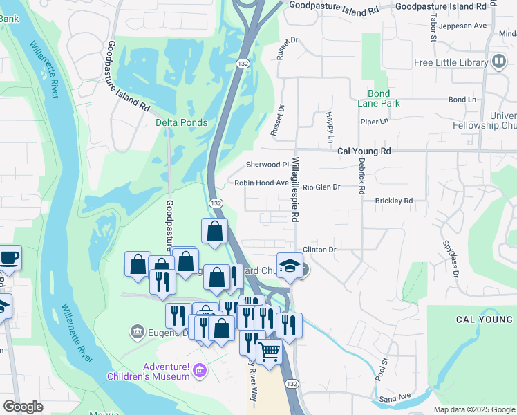 map of restaurants, bars, coffee shops, grocery stores, and more near 937 Lorella Avenue in Eugene