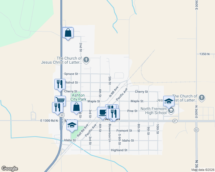 map of restaurants, bars, coffee shops, grocery stores, and more near 242 5th Street in Ashton