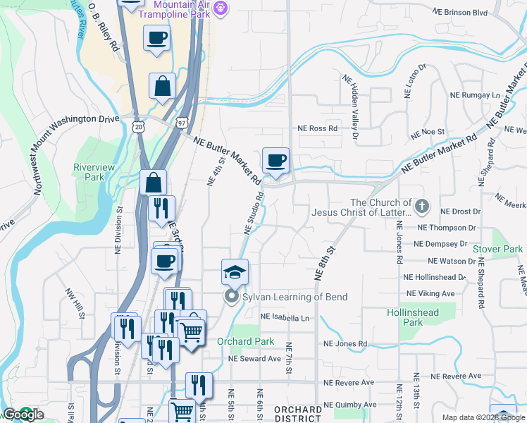 map of restaurants, bars, coffee shops, grocery stores, and more near 501 Northeast Majesty Lane in Bend