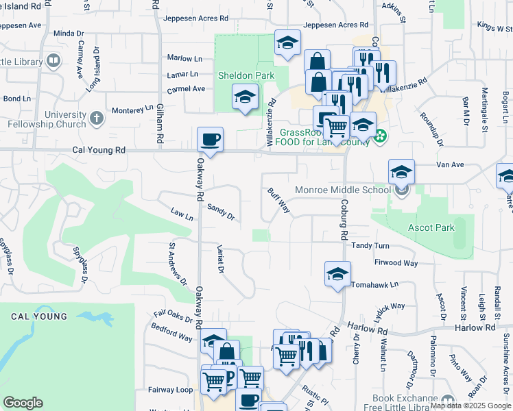map of restaurants, bars, coffee shops, grocery stores, and more near 1092 Woodside Drive in Eugene