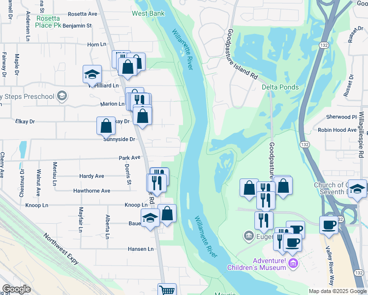 map of restaurants, bars, coffee shops, grocery stores, and more near 825 Stephens Drive in Eugene
