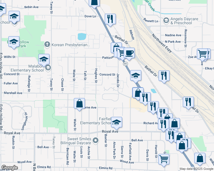 map of restaurants, bars, coffee shops, grocery stores, and more near 1220 Jacobs Drive in Eugene