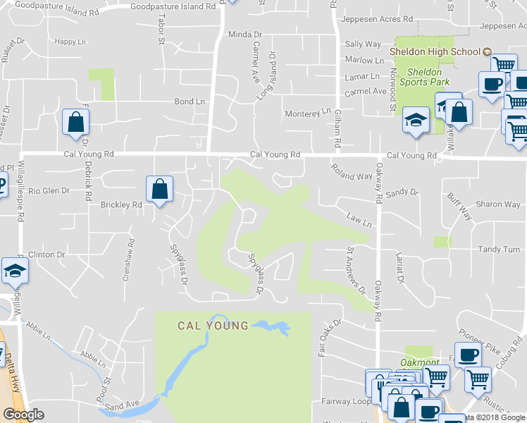map of restaurants, bars, coffee shops, grocery stores, and more near 1147 Spyglass Drive in Eugene