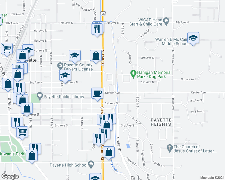 map of restaurants, bars, coffee shops, grocery stores, and more near 1715 Center Avenue in Payette