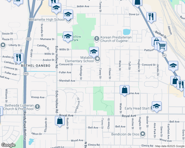 map of restaurants, bars, coffee shops, grocery stores, and more near 1251 Ellsworth Street in Eugene