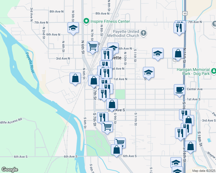 map of restaurants, bars, coffee shops, grocery stores, and more near 10 South 9th Street in Payette