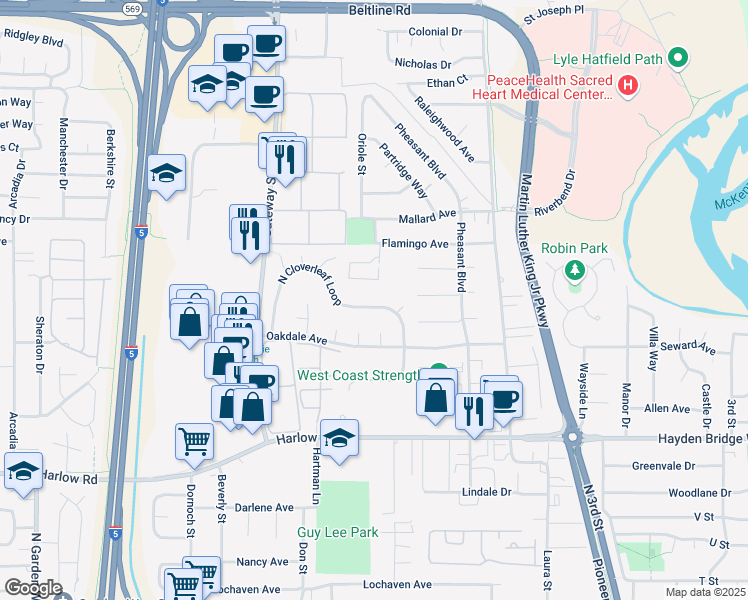 map of restaurants, bars, coffee shops, grocery stores, and more near 680 North Cloverleaf Loop in Springfield