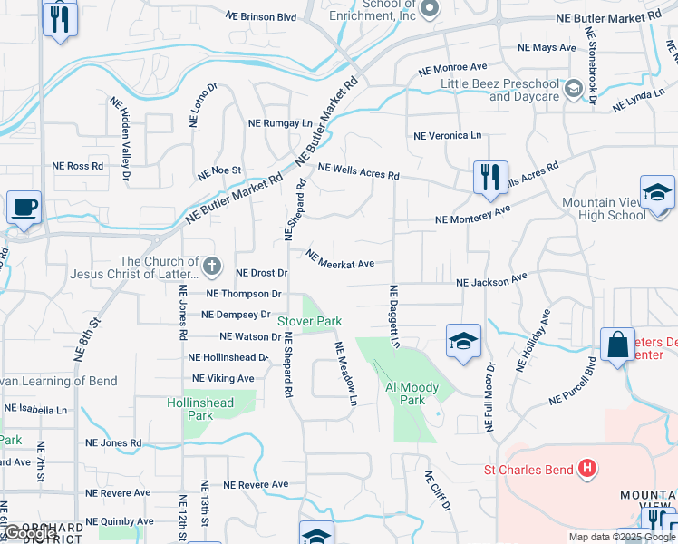 map of restaurants, bars, coffee shops, grocery stores, and more near 1699 Northeast Meerkat Avenue in Bend