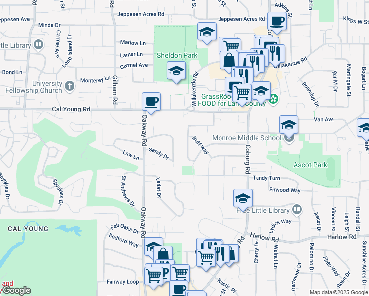 map of restaurants, bars, coffee shops, grocery stores, and more near 1124 Woodside Drive in Eugene