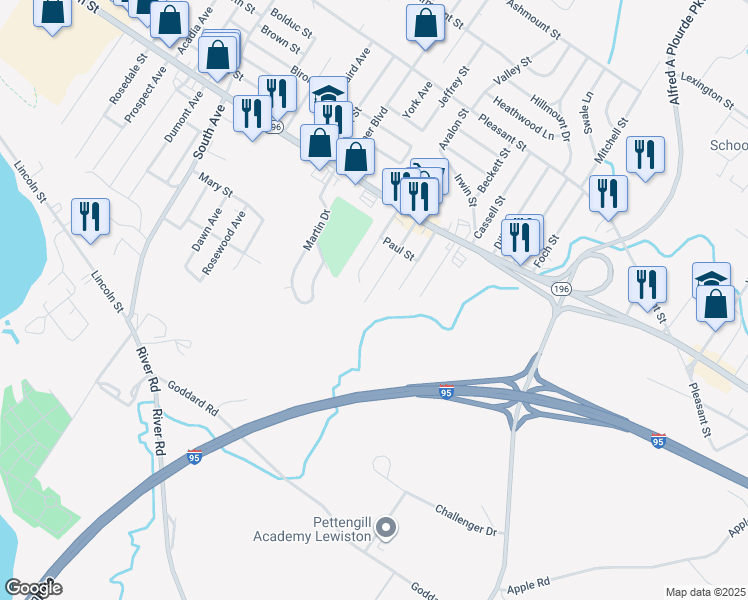 map of restaurants, bars, coffee shops, grocery stores, and more near 84 Jones Avenue in Lewiston