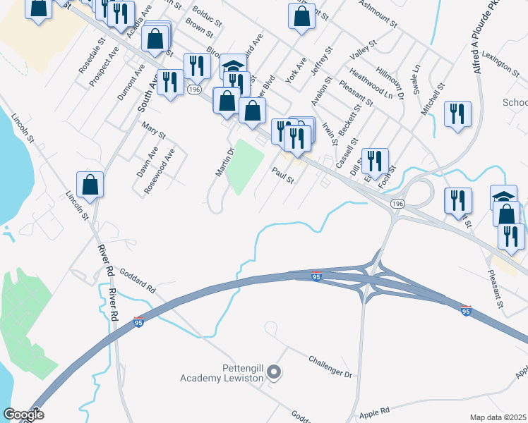 map of restaurants, bars, coffee shops, grocery stores, and more near 84 Jones Avenue in Lewiston