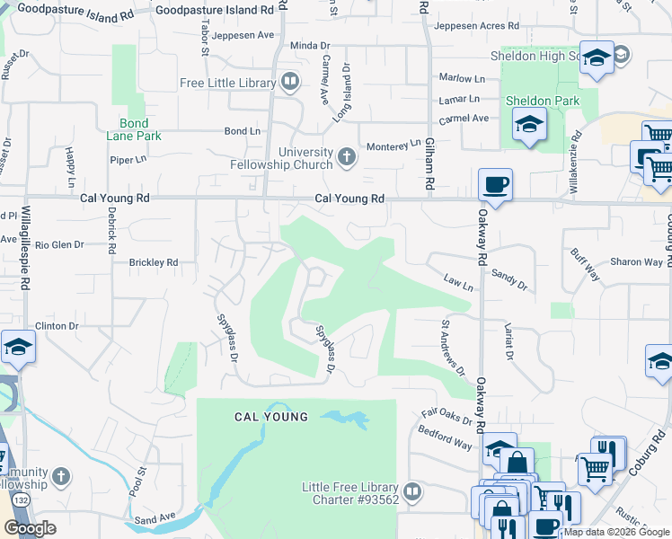 map of restaurants, bars, coffee shops, grocery stores, and more near 1147 Spyglass Drive in Eugene