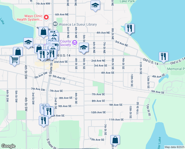 map of restaurants, bars, coffee shops, grocery stores, and more near 515 6th Avenue Southeast in Waseca