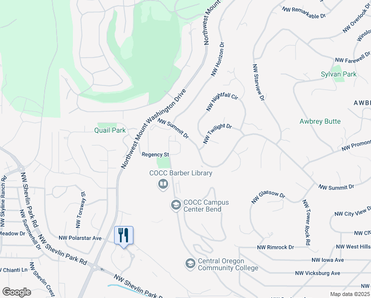 map of restaurants, bars, coffee shops, grocery stores, and more near 2610 Northwest Fawn Run Lane in Bend