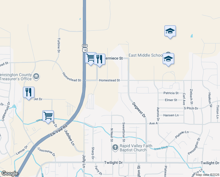 map of restaurants, bars, coffee shops, grocery stores, and more near 1111 Chet Street in Rapid City
