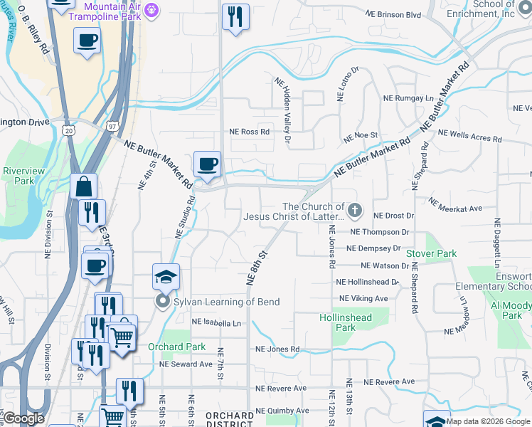 map of restaurants, bars, coffee shops, grocery stores, and more near 2531 Northeast Ravenwood Drive in Bend