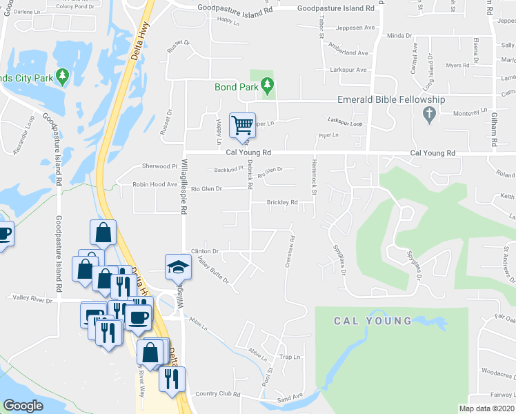 map of restaurants, bars, coffee shops, grocery stores, and more near 1241 Debrick Road in Eugene