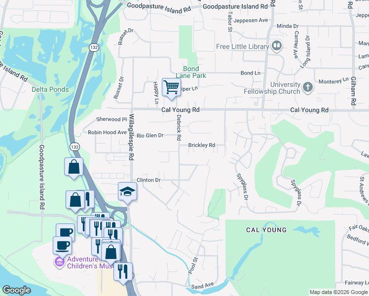 map of restaurants, bars, coffee shops, grocery stores, and more near 1241 Debrick Road in Eugene