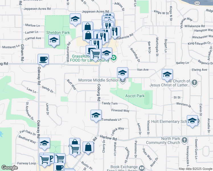 map of restaurants, bars, coffee shops, grocery stores, and more near 1121 Coburg Road in Eugene