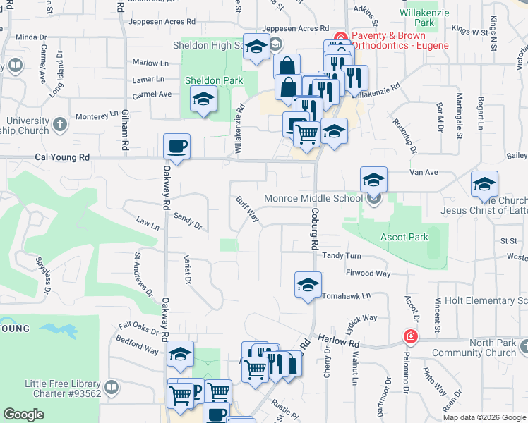 map of restaurants, bars, coffee shops, grocery stores, and more near 2520 Forrester Way in Eugene