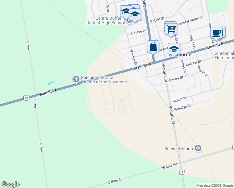 map of restaurants, bars, coffee shops, grocery stores, and more near 353 Stewart Street in Shelburne