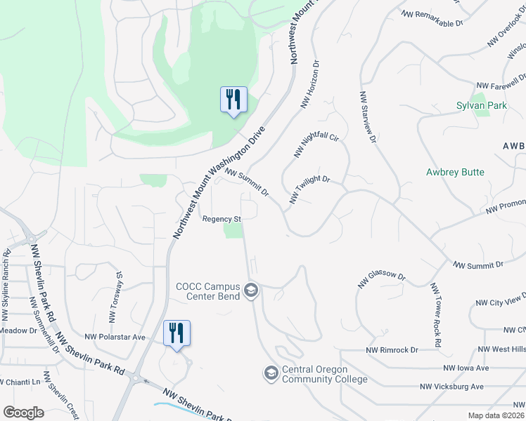 map of restaurants, bars, coffee shops, grocery stores, and more near 2602 Northwest Fawn Run Lane in Bend