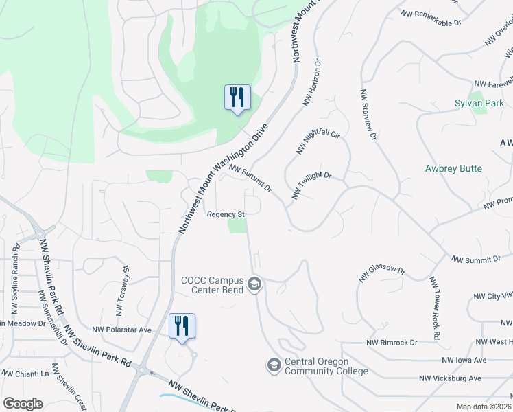 map of restaurants, bars, coffee shops, grocery stores, and more near 2615 Northwest Fawn Run Lane in Bend