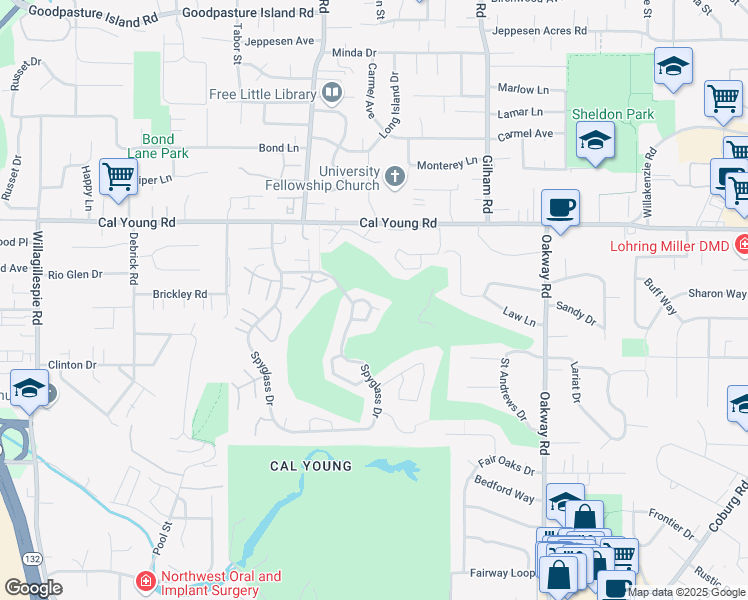 map of restaurants, bars, coffee shops, grocery stores, and more near 1155 Spyglass Drive in Eugene