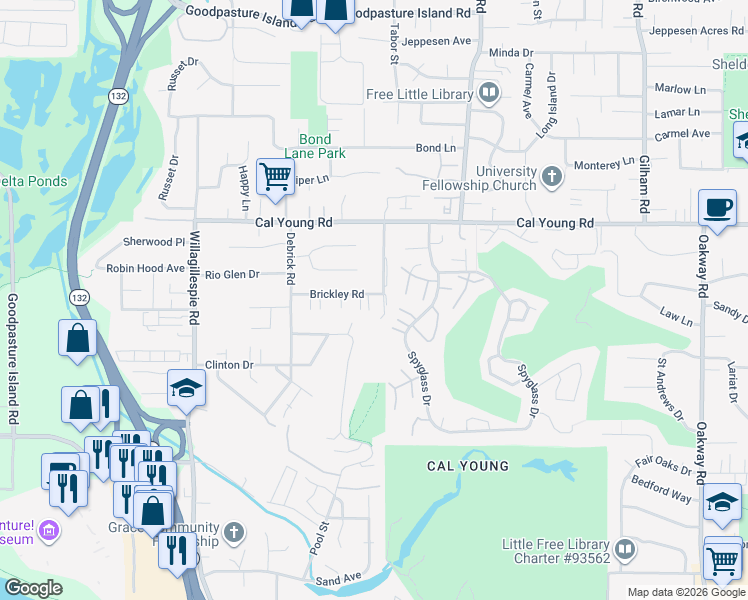 map of restaurants, bars, coffee shops, grocery stores, and more near 1247 Crenshaw Road in Eugene