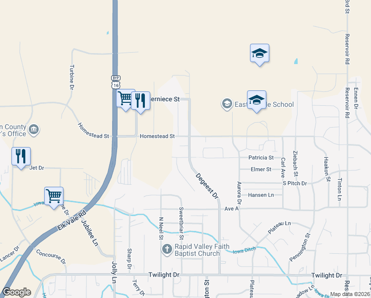 map of restaurants, bars, coffee shops, grocery stores, and more near 4345 Buddy Court in Rapid City