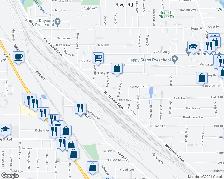 map of restaurants, bars, coffee shops, grocery stores, and more near 1534 Caprice Way in Eugene