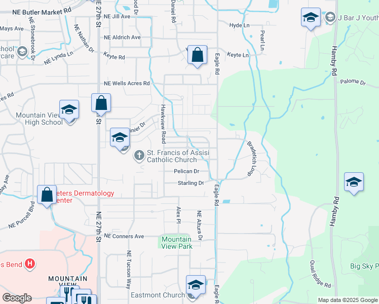 map of restaurants, bars, coffee shops, grocery stores, and more near 62697 Larkview Road in Bend