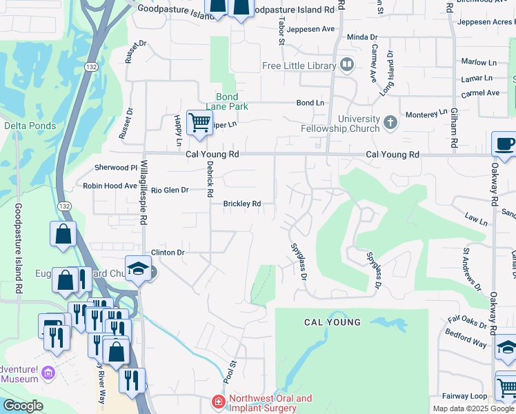 map of restaurants, bars, coffee shops, grocery stores, and more near 1286 Alfaretta Drive in Eugene