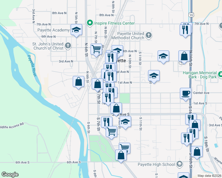 map of restaurants, bars, coffee shops, grocery stores, and more near 824 1st Avenue North in Payette