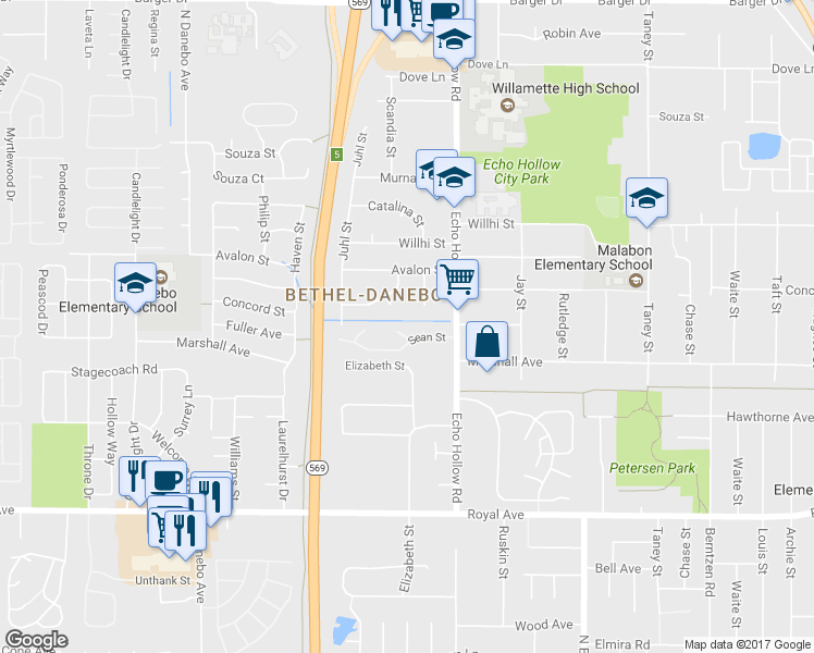 map of restaurants, bars, coffee shops, grocery stores, and more near 4341 Sean Street in Eugene