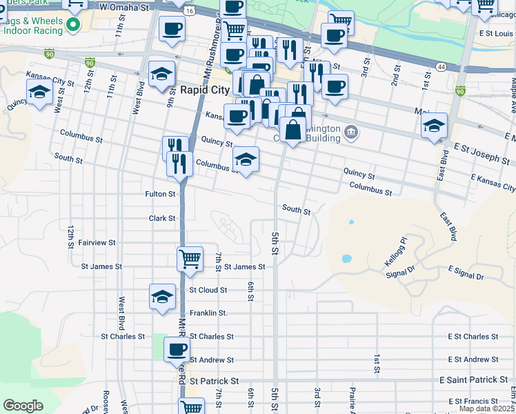 map of restaurants, bars, coffee shops, grocery stores, and more near 917 5th St in Rapid City