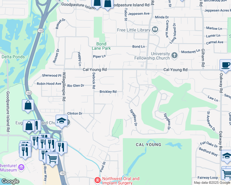 map of restaurants, bars, coffee shops, grocery stores, and more near 1286 Alfaretta Drive in Eugene
